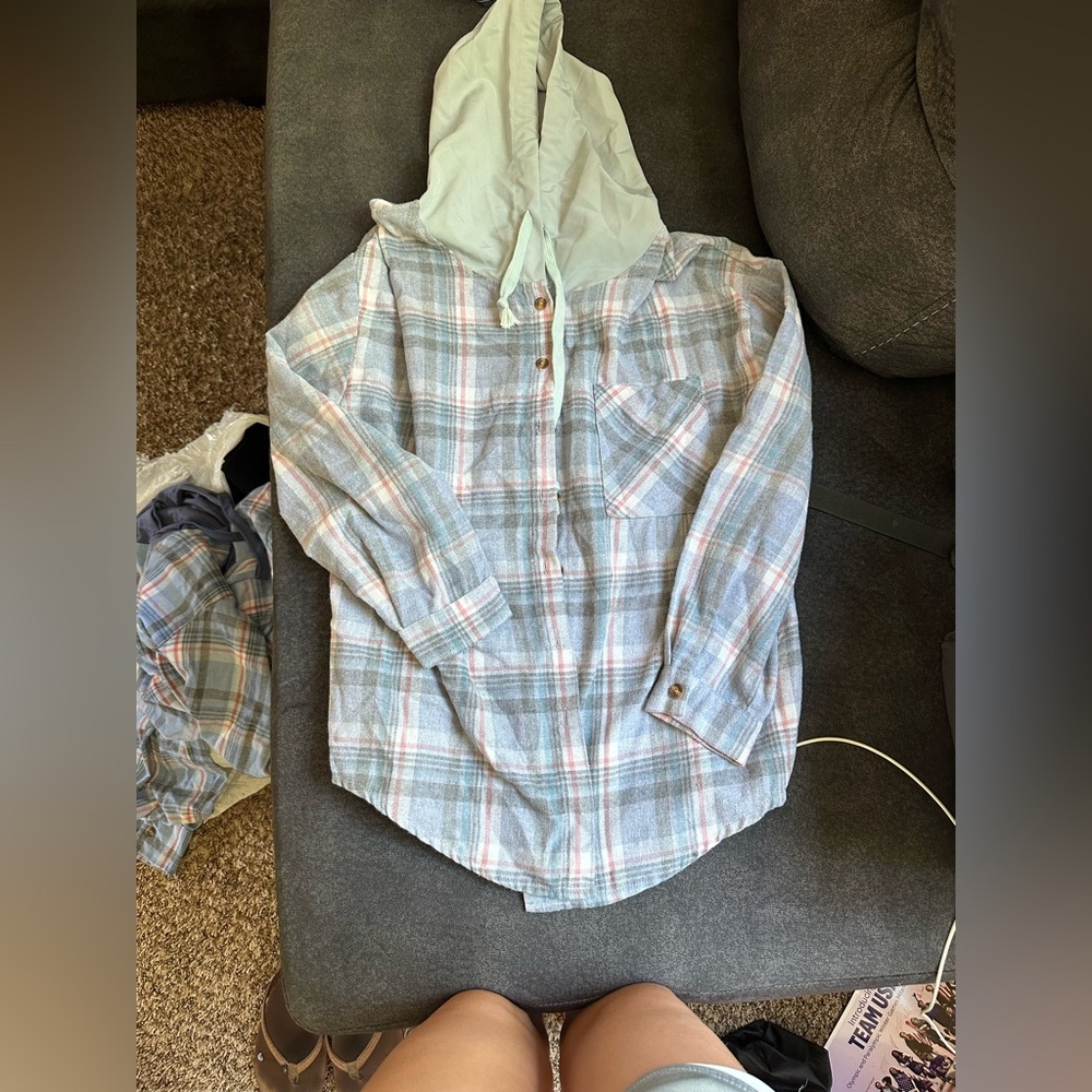SHEIN Light Blue and Pink Plaid Button-Down Shirt with Hood